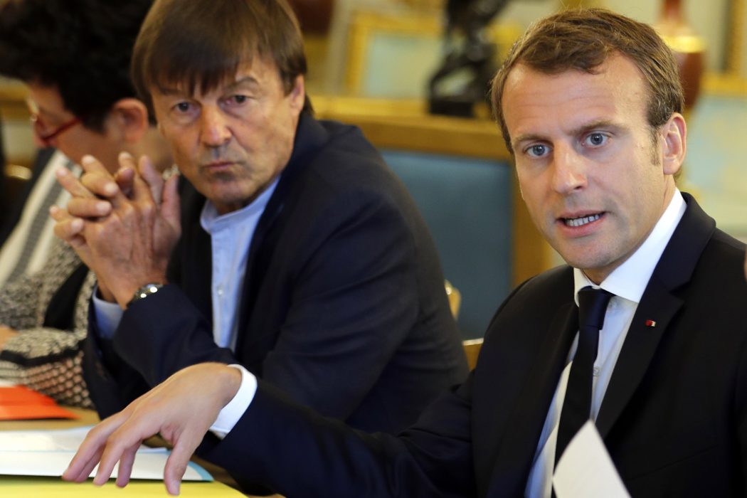 Den dåvarande franske miljöministern Nicolas Hulot (t v) avgick i fjol med motiveringen att Emmanuel Macrons (t h) regering inte gör tillräckligt för att hantera klimatförändringarna.