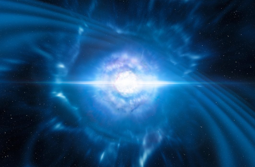 Så här föreställer sig ESO:s rymdkonstnärer sammansmältningen av två pyttesmå, men mycket täta neutronstjärnor.