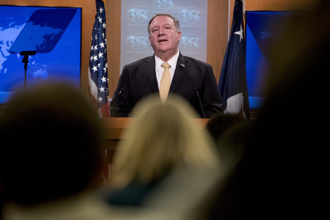 USA:s utrikesminister Mike Pompeo vid presskonferensen i Washington.