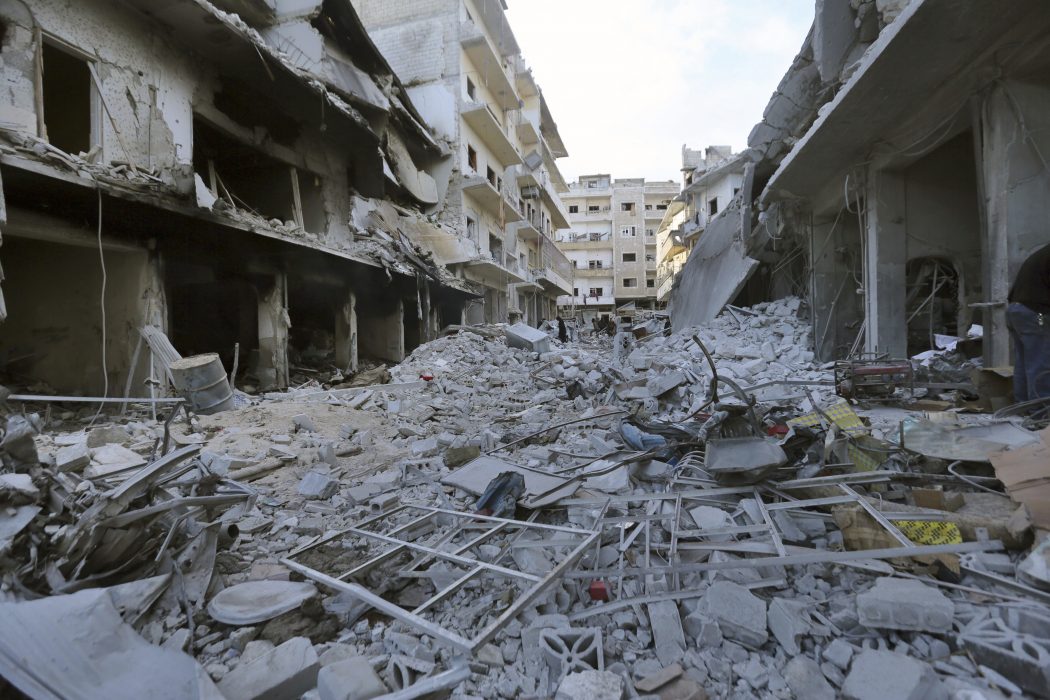 Förödelse i staden Ariha i Idlibprovinsen i Syrien i januari.