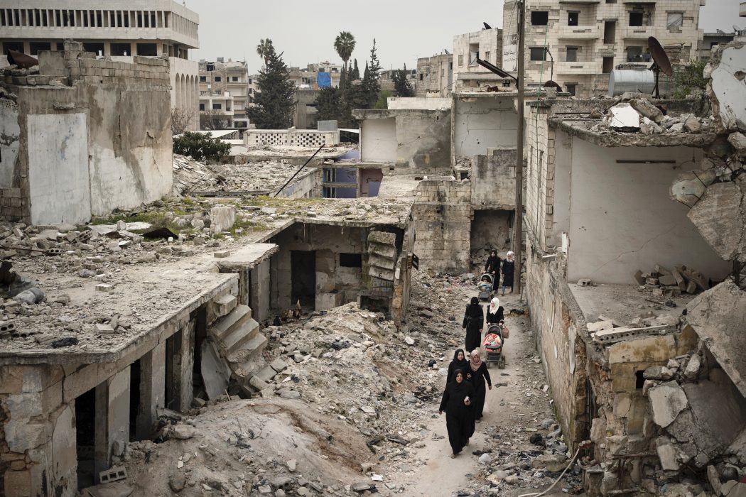 Svårt skadat område i Idlib i nordvästra Syrien.