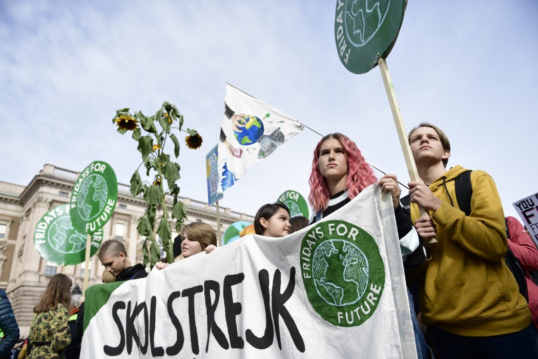 Skolungdomar på Mynttorget i Stockholm under en skolstrejk för klimatet arrangerad av Fridays for future.
