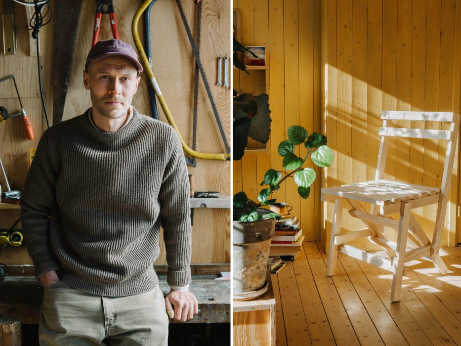 Författaren Erik Eje Almqvist och stolen han byggt enligt formgivaren Enzo Maris principer.