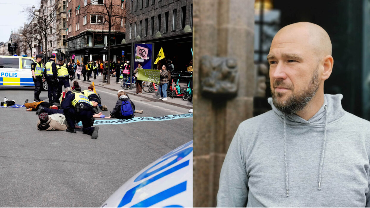 Bild från en av Extinction Rebellions vägblockader i Stockholm.