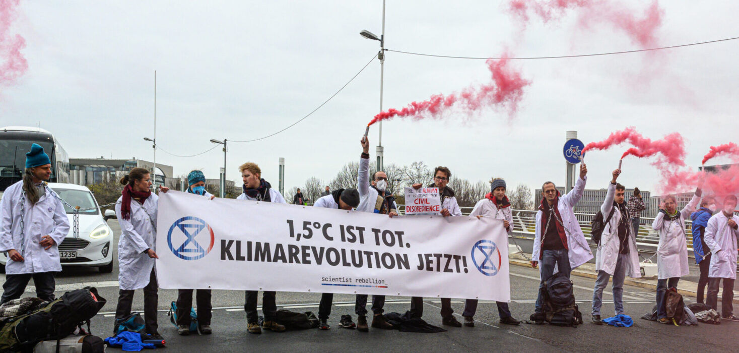 Forskare protesterade utanför riksdagen på tisdagen för att förmå politikerna att ta klimatkrisen på allvar.