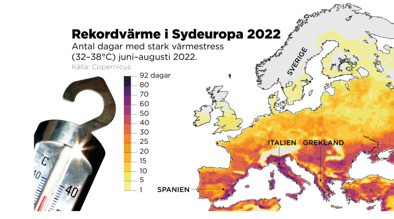 Antal dagar med stark värmestress (32–38°C) juni–augusti 2022.