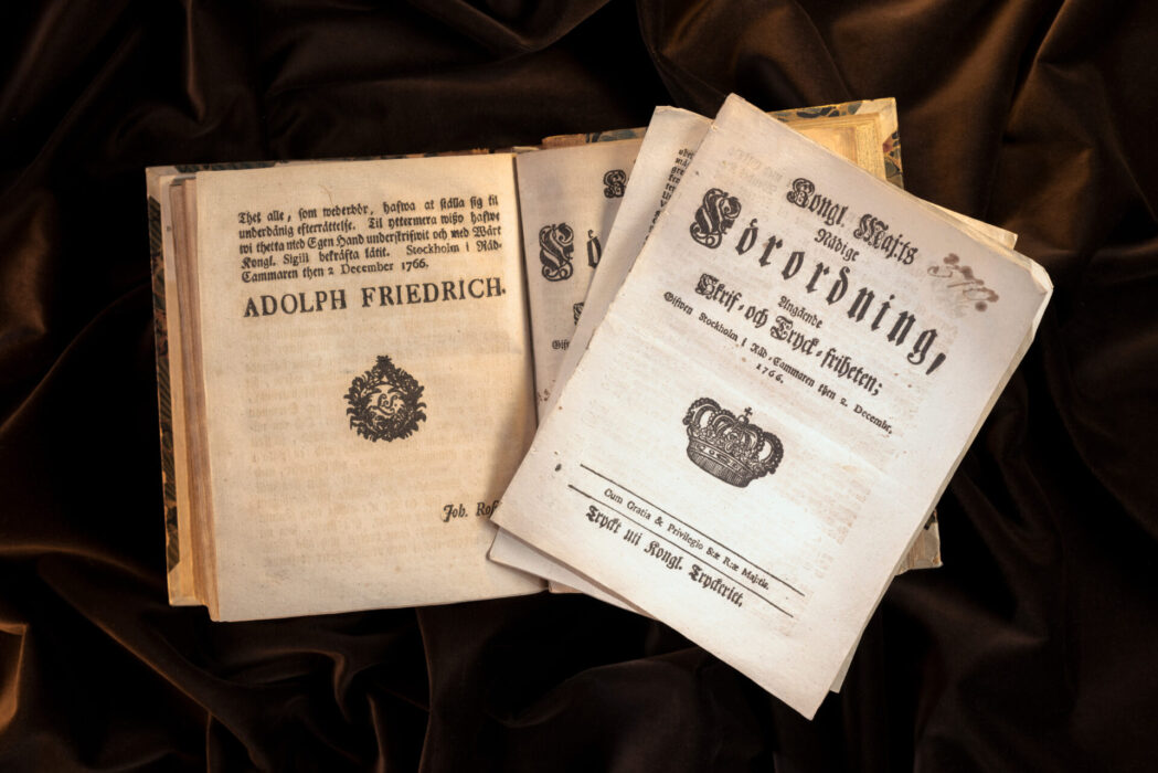 Den första tryckfrihetsförordningen från 1766.