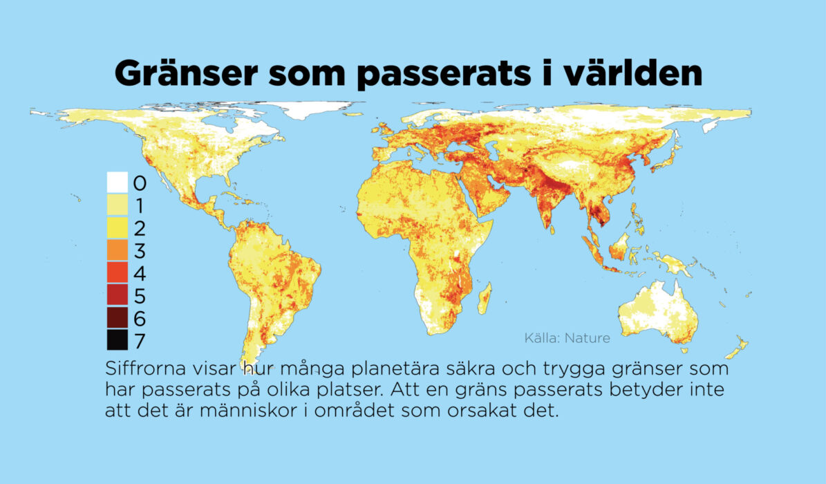 Siffrorna visar hur många säkra och trygga planetära gränser som har passerats på olika platser.