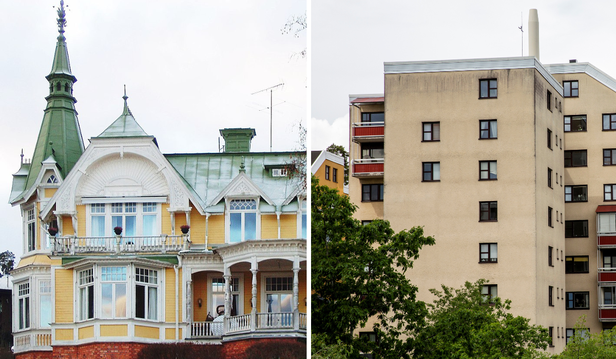 Bostadshuset Villa Högudden på Lidingö och flerbostadshus i Kista.