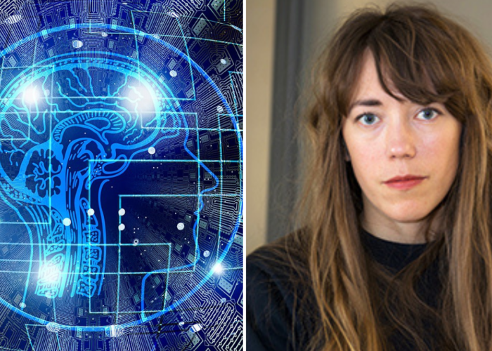 Till vänster en blå bild över hur en hjärna som kontrolleras av AI kan se ut. Till höger Vanja Carlsson, forskare vid Göteborgs universitet.